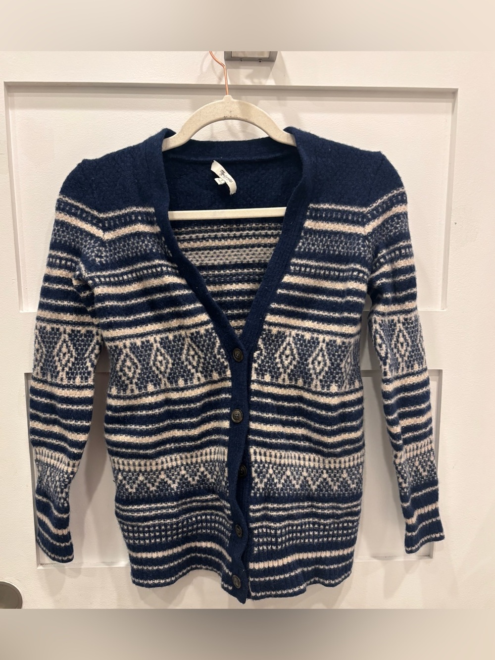 Madewell 100% Merino Wool Navy and Cream Fair Isle Button Cardigan
